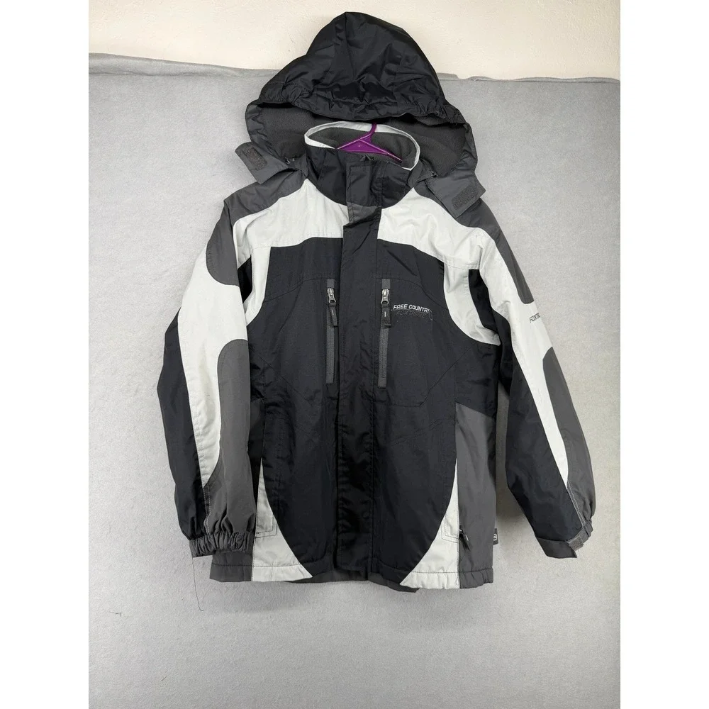 Free Country Boy Tech Ski Jacket Large 10/12 Black Gray Fleece Lined Hooded Coat